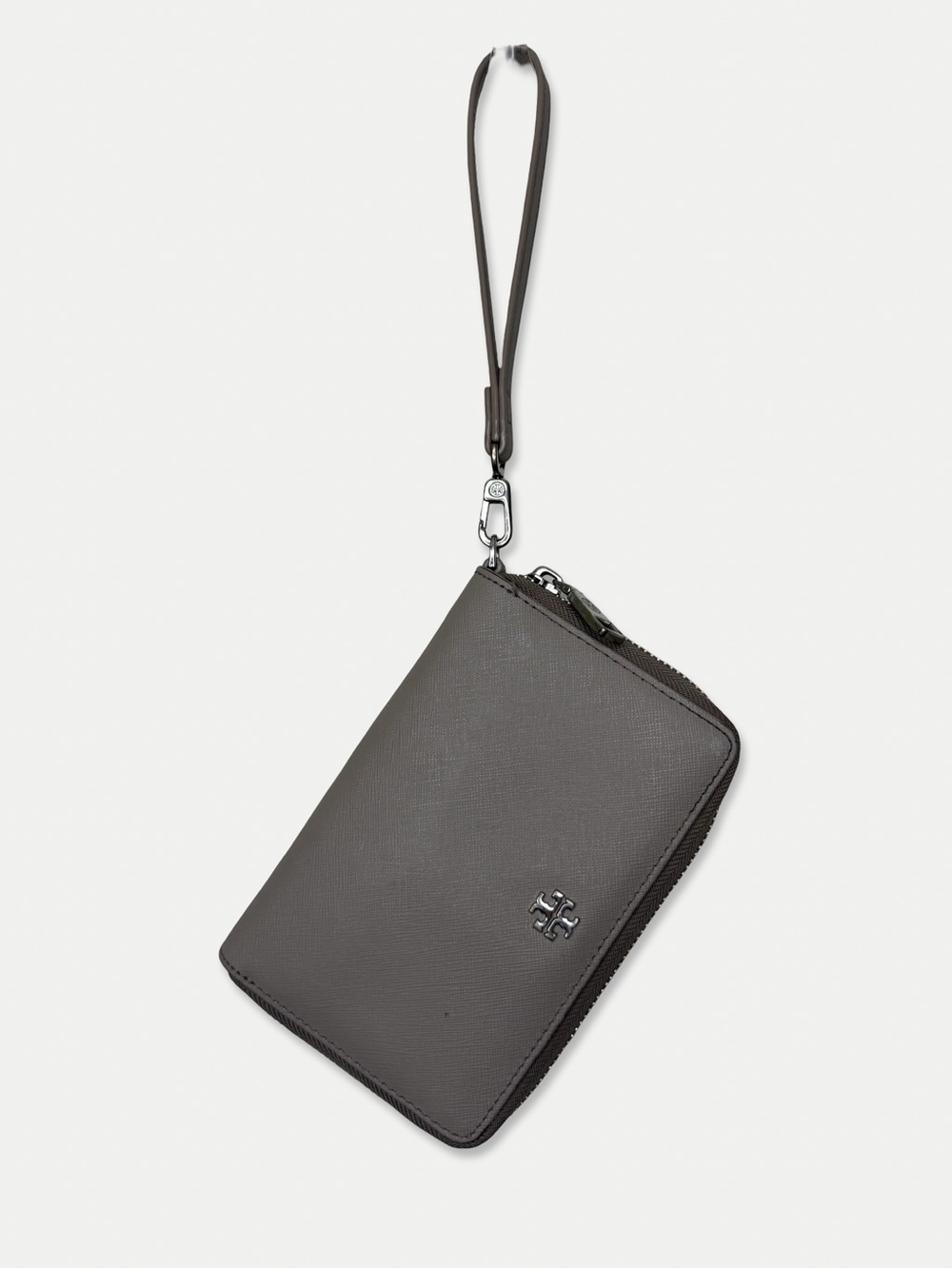 Tory Burch Saffiano Leather Zip Around Wristlet Wallet Gray Taupe